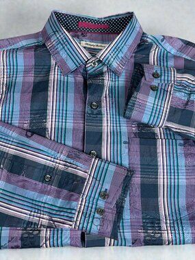 Tommy Bahama Button Down Shirt Mens Large Plaid Silk Blend Long Sleeve
